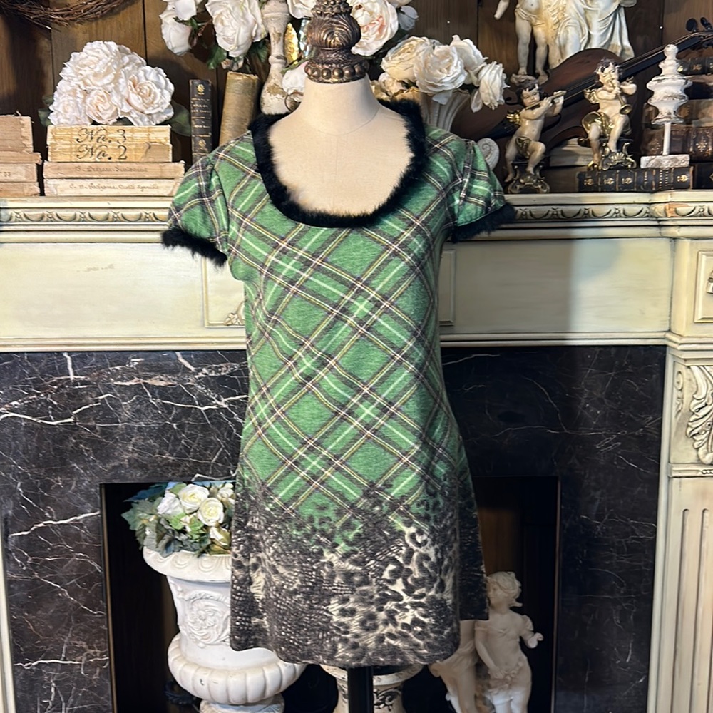 Anthropologie Aryeh sweater dress with black faux fur trim